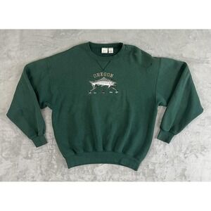 Vintage M.J. Soffe Sweatshirt Mens Large Green Oregon Fish Crewneck Made USA 90s